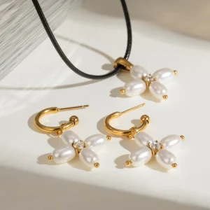 Fashion Jewelry Black String Pearl Necklaces Stainless Steel Female Cross Shape Freshwater Pearl Drop Earring