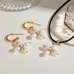 Fashion Jewelry Black String Pearl Necklaces Stainless Steel Female Cross Shape Freshwater Pearl Drop Earring