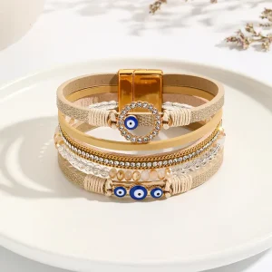 Fashion Jewelry Bohemian Crystal Charm Bracelet Hand Woven PU Leather Alloy Magnetic Buckle Women’s Bracelet Bangle