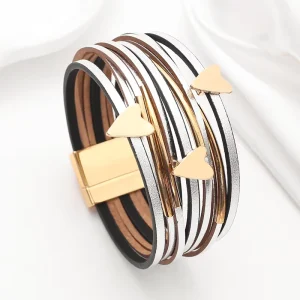 Fashion Jewelry Bohemian Minimalist Heart Charm Multi Strand Leather Zinc Alloy Magnetic Bracelet Unisex Gift