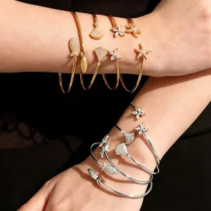 Fashion Jewelry Bracelet Gold Plated Ocean Starfish Shell CZ Adjustable Stainless Steel Open Cuff Bangle Bracelet