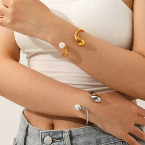 Fashion Jewelry Bracelet Gold plated Stainless Steel Teardrop Pearl Cuff Bracelets for Women