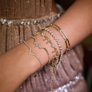 Fashion Jewelry Bracelets Bangles Luxury Stainless Steel Gold Plated Heart Bow Heartbeat Tennis Bracelet Moissanite for Women