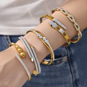 Fashion Jewelry Bracelets Bangles Snake Paved Cubic Cuff Bracelet Spring Stainless Steel Full Zircon Diamond Bracelet