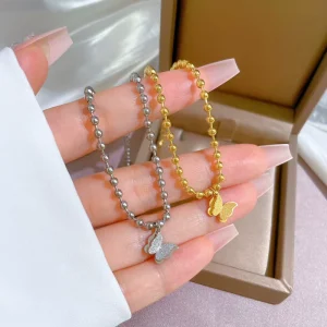 Fashion Jewelry Bracelets Butterfly Pendant 18K Gold Plated Stainless Steel Waterproof Women’s Round Bead Adjustable Bracelet