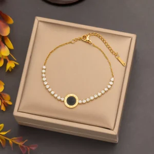 Fashion Jewelry Bracelets Gold Plated Stainless Steel Bracelet with Zircon Chain Black Women Bracelet