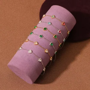 Fashion Jewelry Chain Bracelet Bangle Colorful Heart Rhinestone Stainless Steel Zircon Bracelets Bangles for Women