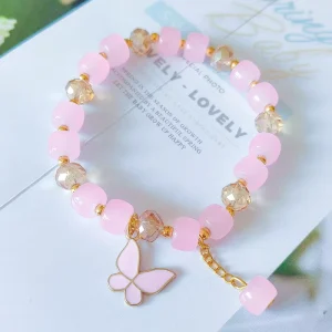 Fashion Jewelry Children Glass Crystal Bead Beaded Bracelets Butterfly Charm Bracelets for Women Girls Best Friend Festival Gift