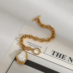 Fashion Jewelry Chunky Link Chain Bracelet Bangle Women Accessories 18k Plated Gold Charm Baroque Pearl Bracelet