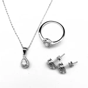 Fashion Jewelry Clear Cubic Zirconia Stone Water Drop Shape 925 Silver Jewelry Set