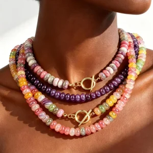 Fashion Jewelry Colorful Bone Chain Abacus Bead Necklace Multi layer Natural Stone Round Beaded Pendant Necklaces Gold