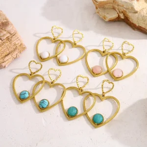 Fashion Jewelry Colorful Natural Stone Stainless Steel Heart Earrings Set for Women