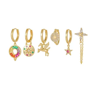 Fashion Jewelry Colorful Zircon Stud Earrings Geometric 18K Gold Plated Brass Simple Fringe Six Piece Earring Set for Women