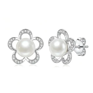 Fashion Jewelry Copper Alloy Rhodium plated Open Flower CZ Freshwater Pearl Stud Earrings for Everyday