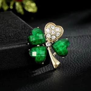 Fashion Jewelry Crystal Olive Fancy Green Four leaf Clover Rhinestone Brooches for Women