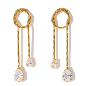 Fashion Jewelry Cubic Zirconia Chain Drop Dangle Earrings Stainless Steel 45MM Twisted Earrings for Women