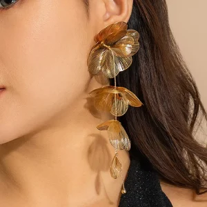 Fashion Jewelry Custom Flower Petal Tassel Earring Ginkgo Leaf Flower Long Leaves Filigree 18k Gold Drop Earrings