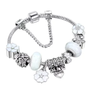 Fashion Jewelry DIY Flower Charm Bracelet Silver Plated Crystal Rhinestone Butterfly Love Pendant Men’s Trendy