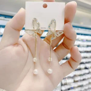Fashion Jewelry Earrings Korean Diamond Inlaid Butterfly Pearl Tassel Earrings New Niche Design Tempe