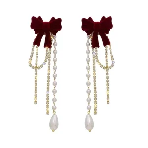 Fashion Jewelry Earrings for Women French Vintage Wine Red Bowknot Long Rhinestone Pearl Tassel Earrings Designer Earrings