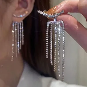 Fashion Jewelry Elegant Glittering Zircon Fringe Stud Earring Dainty Iced Out Bling Long Tassel Rhinestone Earrings for Women