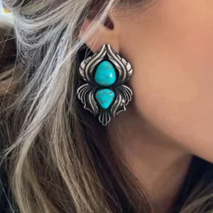 Fashion Jewelry Ethnic Bohemian Geometric Earrings Court Retro Turquoise Stone Vintage Silver Earrings Women