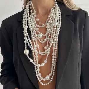 Fashion Jewelry Exaggerated Multi-layered Pearl Retro Design Necklace White Pearl Necklaces