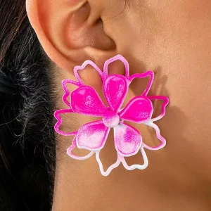 Fashion Jewelry Fashionable Women Long New Flower Earrings 18k Gold Plated Big Flower Pink Drop Earrings