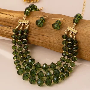 Fashion Jewelry Glass Bead Necklace Earrings Set Multi Layer Short Collarbone Chain Crystal Beaded Necklace for Women
