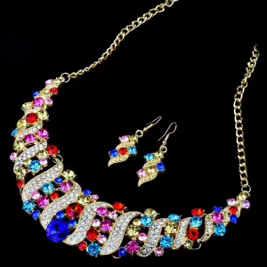 Fashion Jewelry Gold Plated Geometric Crystal Earring Necklace Jewelry Set Rhinestone Bridal Wedding Party Set