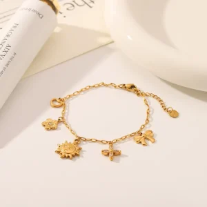 Fashion Jewelry Gold Plated Multi Charm Bracelet Sun Flower Butterfly & Bow Dangle Design for Girls