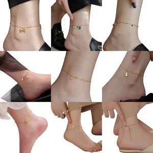 Fashion Jewelry Gold Plated Stainless Steel Love Heart Letters Pendant Linked Snake Ball Layer Chains Anklets for Women