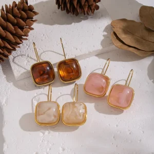 Fashion Jewelry Gold Plated Stainless Steel Maillard Style Hook Earrings Simple Square Resin Drop Earrings for Women