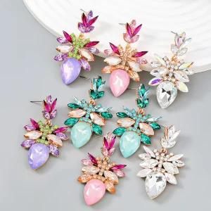 Fashion Jewelry Gold Plated Zinc Alloy Trendy Bridal Flower Water Drop Crystal Rhinestone Statement Earrings