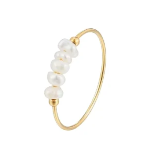 Fashion Jewelry Gold Plating Stainless Steel Ring Freshwater White Baroque Pearl Ring