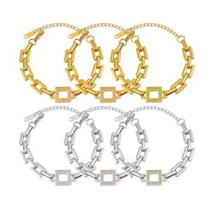Fashion Jewelry Ladies Bracelet Minimalist Square Colorful Zircon Link Chain Bracelet 18 K Gold Plated Stainless Steel Bracelet