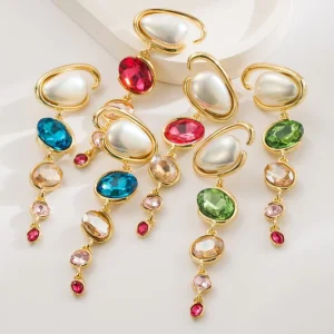 Fashion Jewelry Long Tassel Geometric Alloy Earrings Women Pearl Diamond Gold Plated Drop Earrings