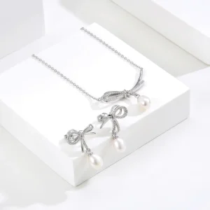 Fashion Jewelry Minimalist Women’s Zircon Real Freshwater Pearl Bow Tie Butterfly Earring Necklace Set