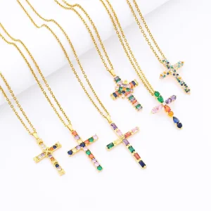 Fashion Jewelry Multi Color Cross Shaped Pendant Necklace INS Colorful Zircon Crystal Necklace Trendy Accessories