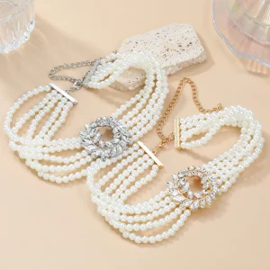 Fashion Jewelry Multi Layered Pearl Necklace Exaggerated Jewelry Glass Diamond Flower Pendant Collar Chain Pearl Necklace