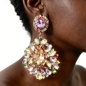Fashion Jewelry Multicolor Rainbow Crystal Dangle Drop Earrings Large Rhinestone Chandelier Statement Earrings