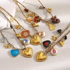 Fashion Jewelry Necklace Summer Heart Charm Jewelry Set Paper Clip Chain Gold Plated Stainless Steel Jewelry