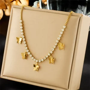 Fashion Jewelry Necklace Women’s Accessories Waterproof Gold Plated Zirconia Rhinestone Butterfly Pendant Necklace for Women