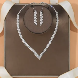 Fashion Jewelry Necklaces Crystal Earrings Feast Jewelry Sets Elegant Bridal Party Women Trendy Silver Plated 2pcs 15g