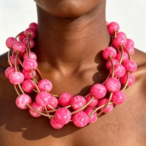 Fashion Jewelry OEM ODM 20mm Statement Necklace Multi Layer Pink Swirl Round Beads Gold Necklace Wire Wrapped Collar Necklaces