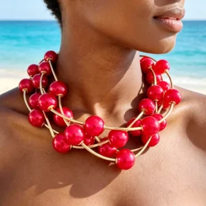 Fashion Jewelry OEM ODM 20mm Statement Necklace Multi Layer Red Pearl Round Beads Gold Necklace Wire Wrapped Collar Necklaces