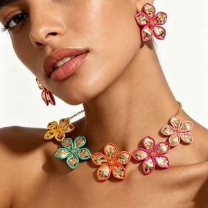 Fashion Jewelry OEM ODM Bohemian Flower Metal Petal Woven Necklace Earring Set Summer Jewelry for Women Flower Gold Necklaces