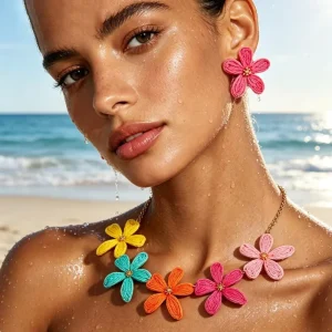 Fashion Jewelry OEM ODM Bohemian Flower Metal Petal Woven Necklace Earring Summer Jewelry for Women Flower Necklaces Jewelry Set