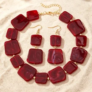 Fashion Jewelry OEM ODM Burgundy Marbled Square Resin Bead Statement Collar Necklace & Drop Earring Set Chunky Jewelry Set