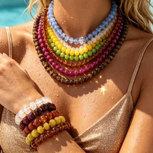 Fashion Jewelry OEM ODM Multicolor Stainless Steel Layered Beaded Statement Necklace Bracelet Set Rainbow Round Beads Necklaces